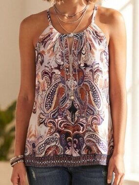 INC International Concepts Sleeveless Halter Neck Beaded Paisley Print Top